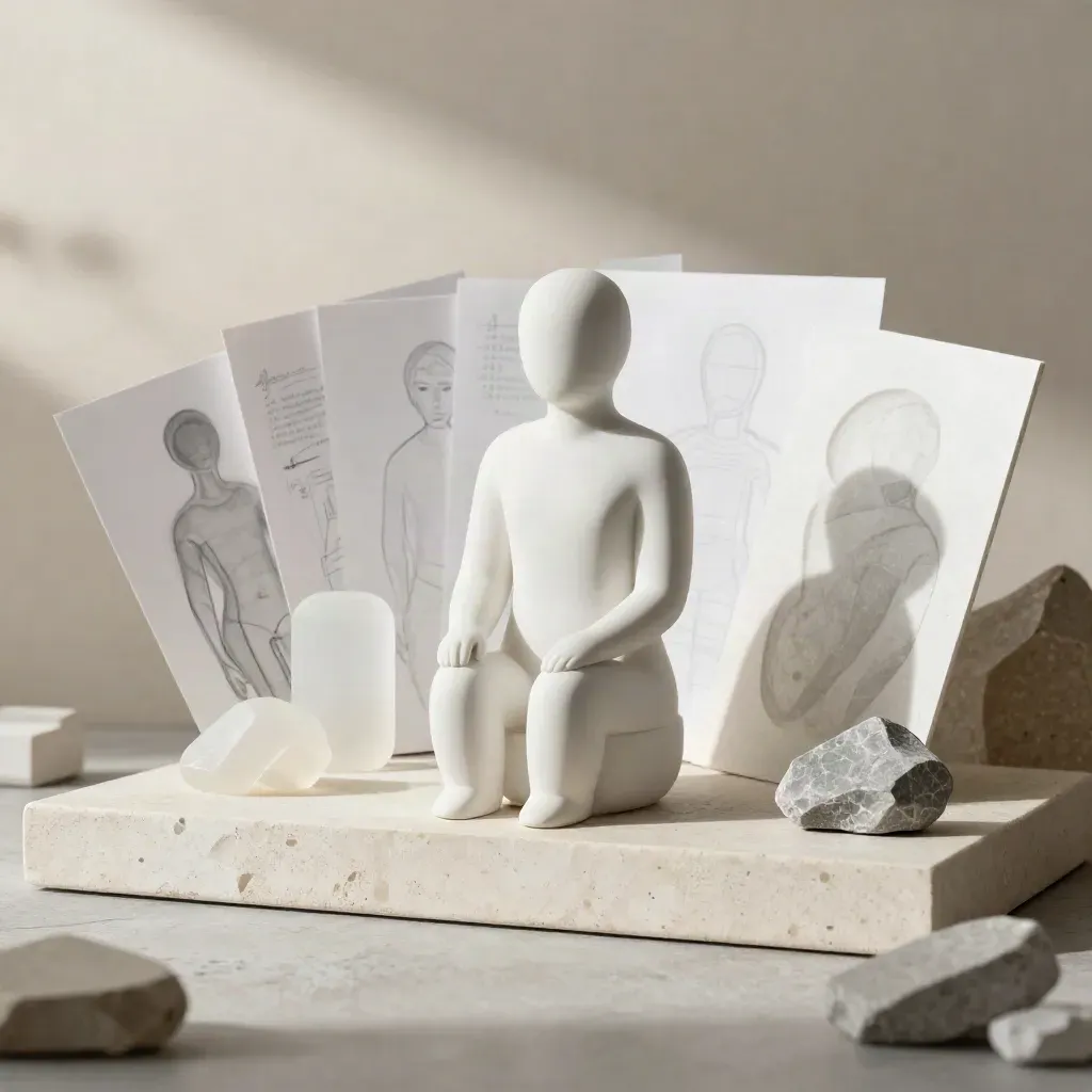 Hero product render beside foam-core studies and resin mockups in a studio