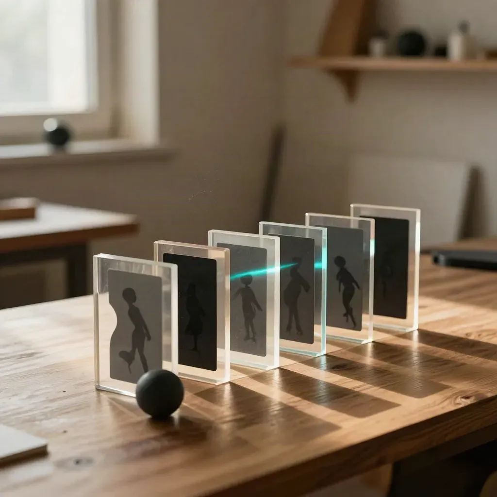 Translucent acrylic motion studies with a matte sphere on a walnut bench, lit by warm window light.