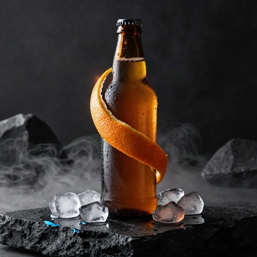 Amber bottle on black basalt with ice, citrus peel, condensation and blue rim light.