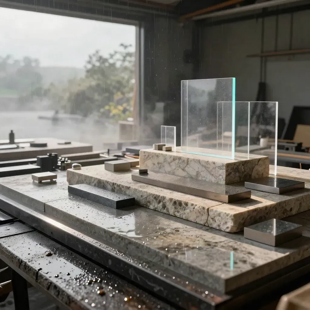 Architectural maquette, product prototype and material samples in a rainy cinematic studio bay.
