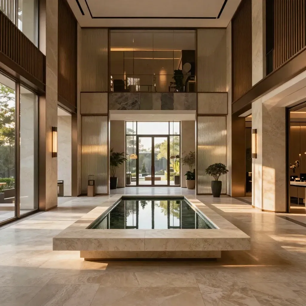 Grand travertine residential lobby with oak slats, bronze trim, and a still water table at dusk.