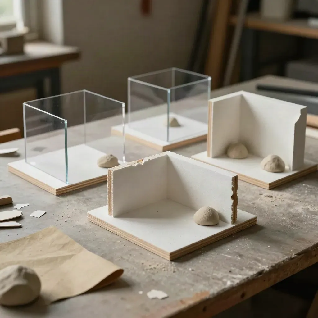 Foam-core and acrylic campaign mockups in a hazy model-making studio.