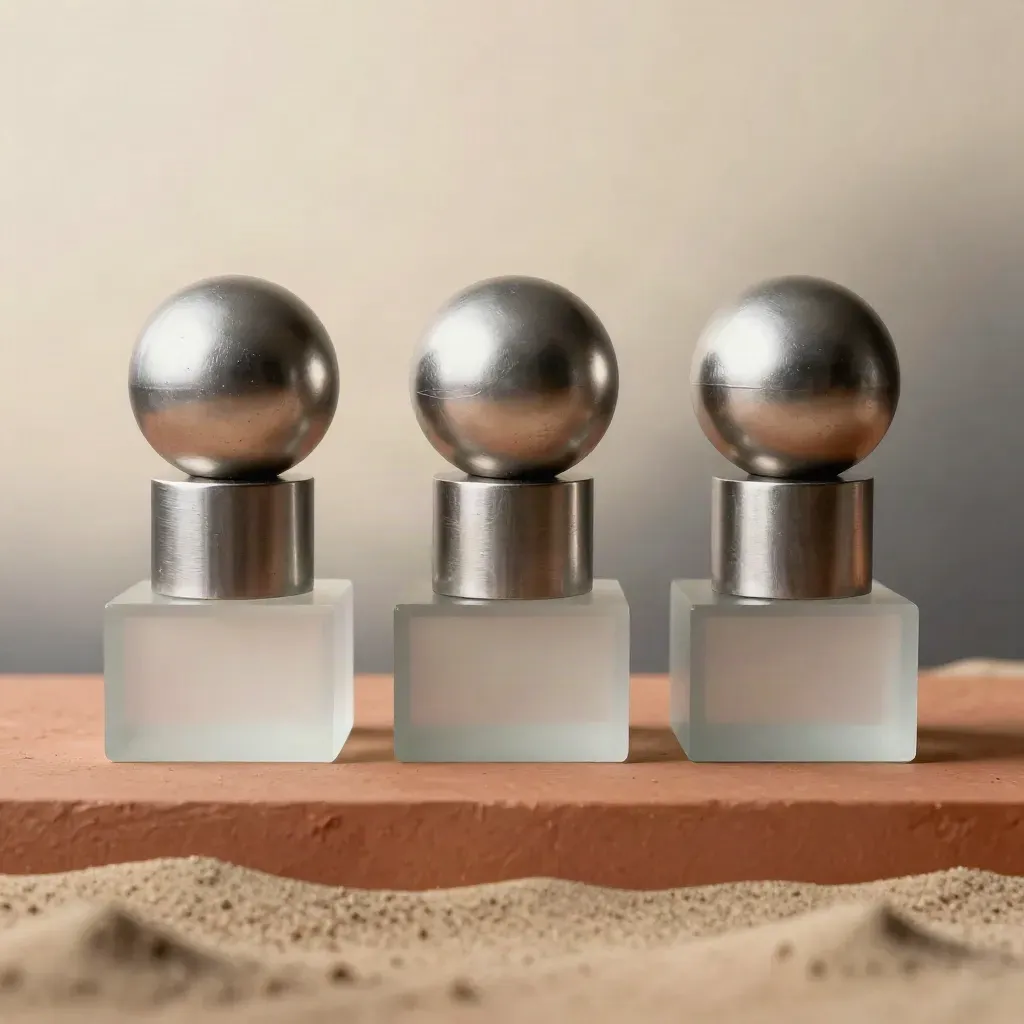 Matte spheres, brushed cylinders and frosted glass blocks staged for lighting studies on a terracotta plinth.