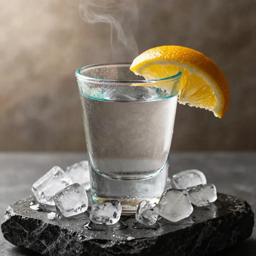 Macro spirit bottle with frosted shoulder, ice shards, citrus twist, and cold vapor on dark stone.