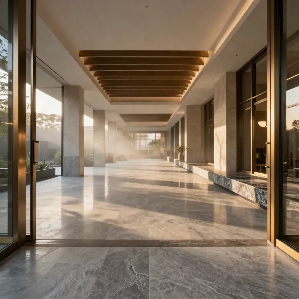 Wide condo lobby with stone floors, bronze rails and a glowing light well.