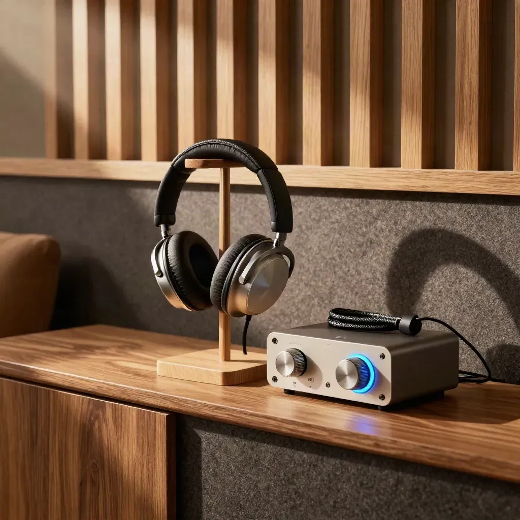 Headphones and amp glowing in a warm acoustic lounge with oak slats and felt panels.