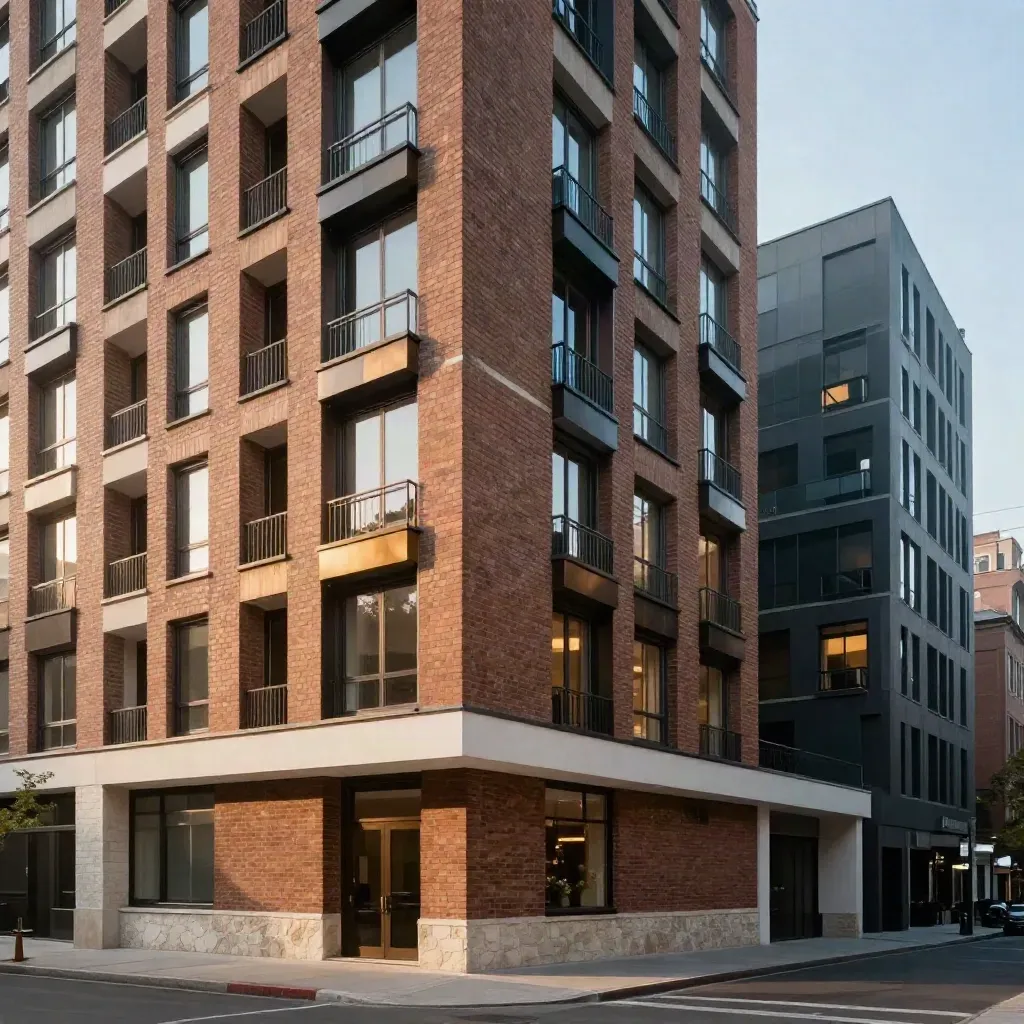 Apartment facade in day and dusk, with brick piers, bronze fins, and misty city haze.