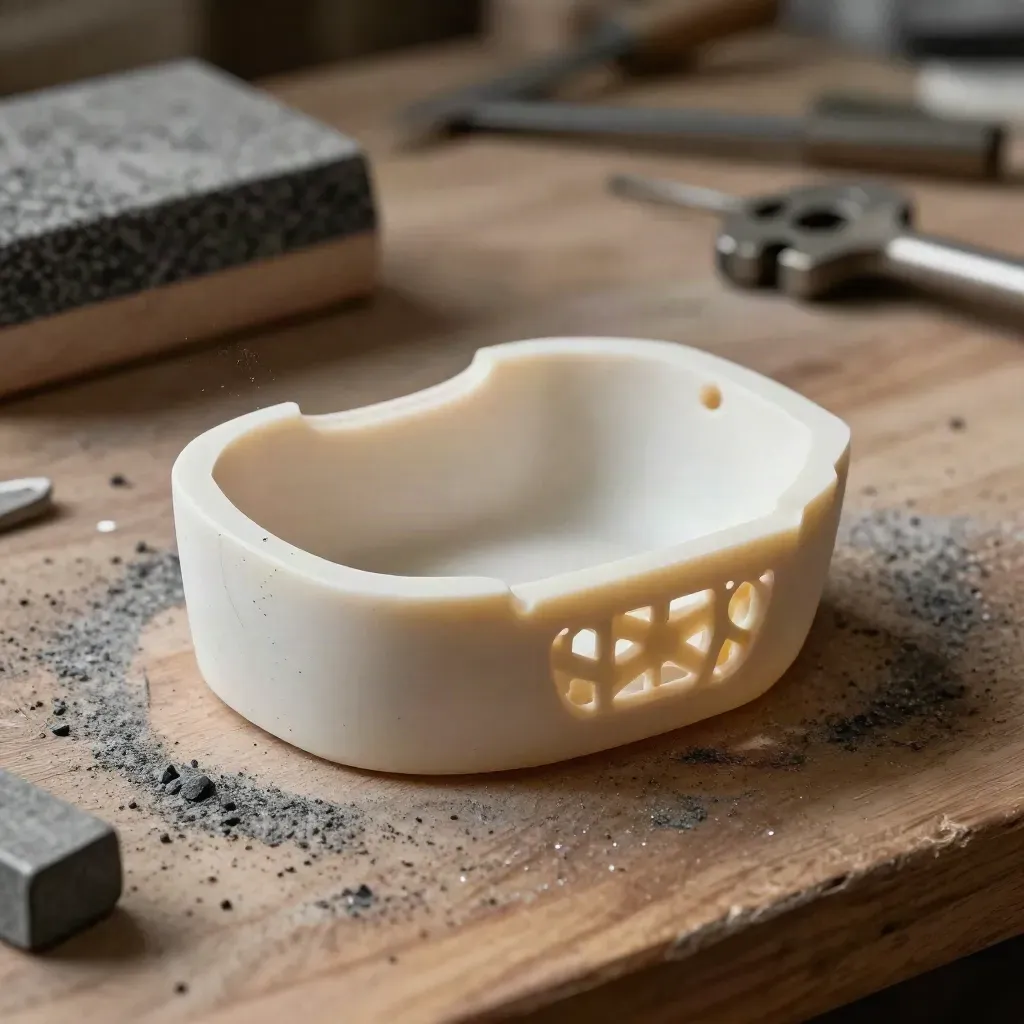 Resin prototype shell, support lattice and sanding block on a walnut bench with graphite dust.