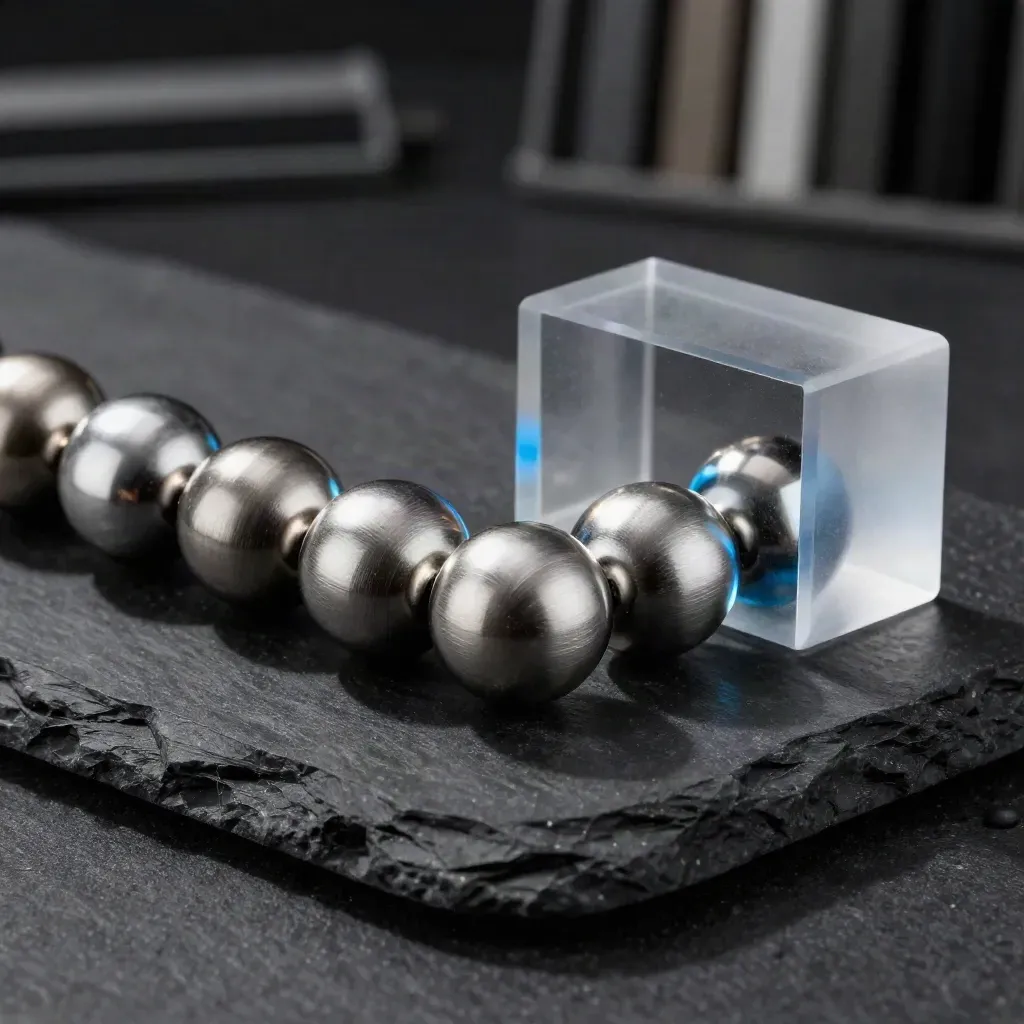 Shader balls, brushed metal spheres, and a frosted cube on black stone in dramatic light.