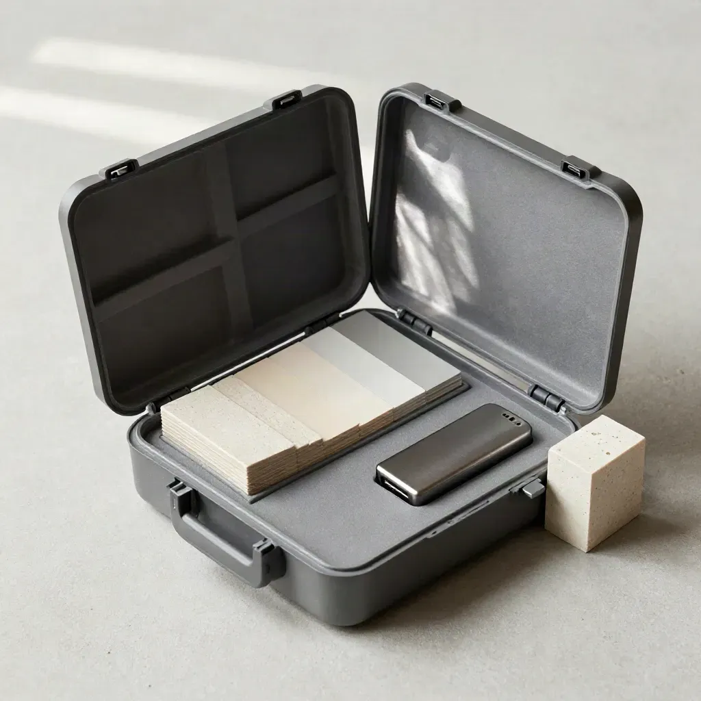 Open sample case with swatches, USB drive and scale block on pale concrete, top-down.