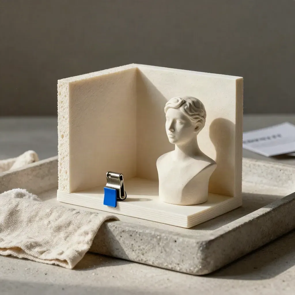 Macro tray still life of a 3D-printed base, foam wall, clay proxy model, and blue clip.