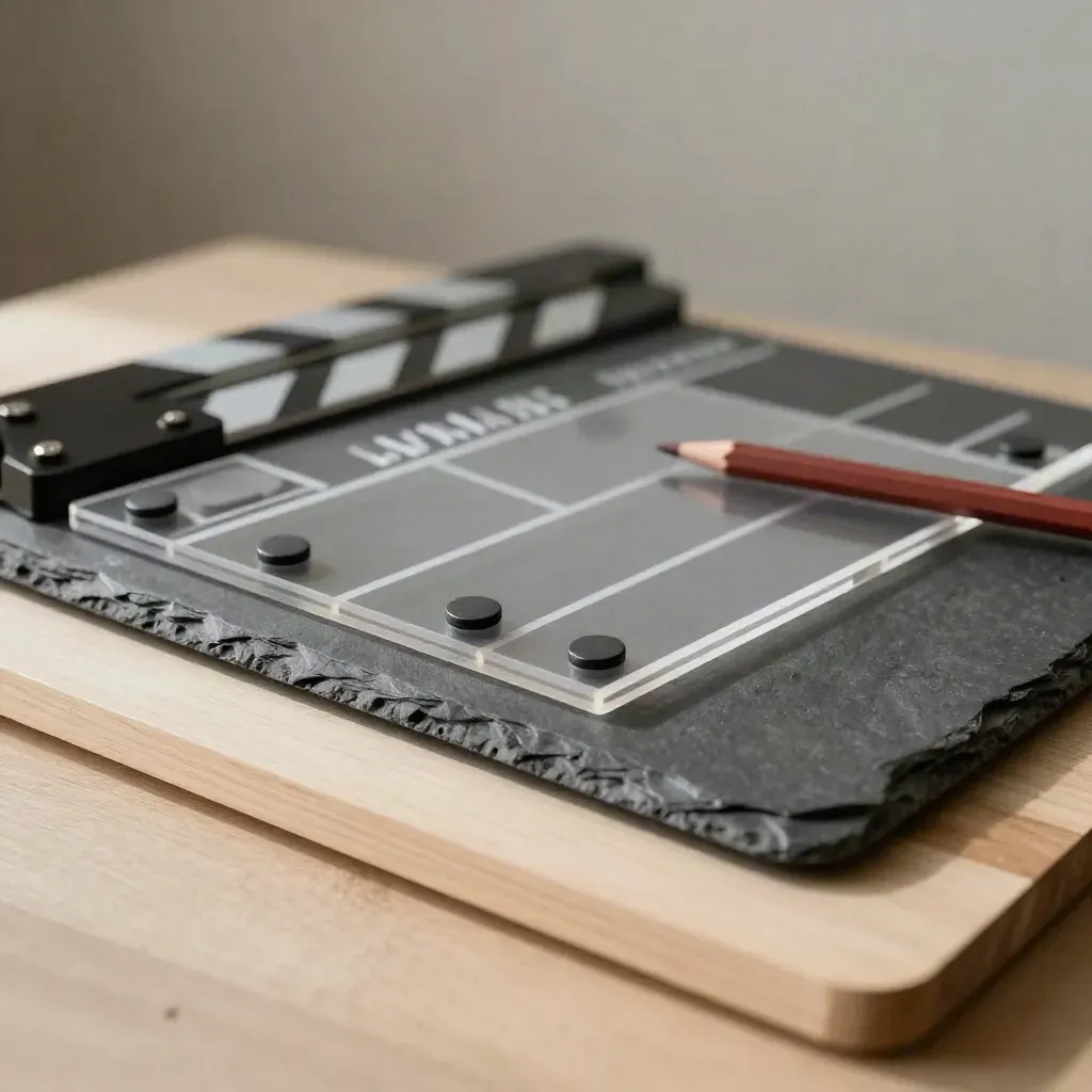 Slate review board, acetate overlays, magnetic dots and a redline pencil on pale wood.