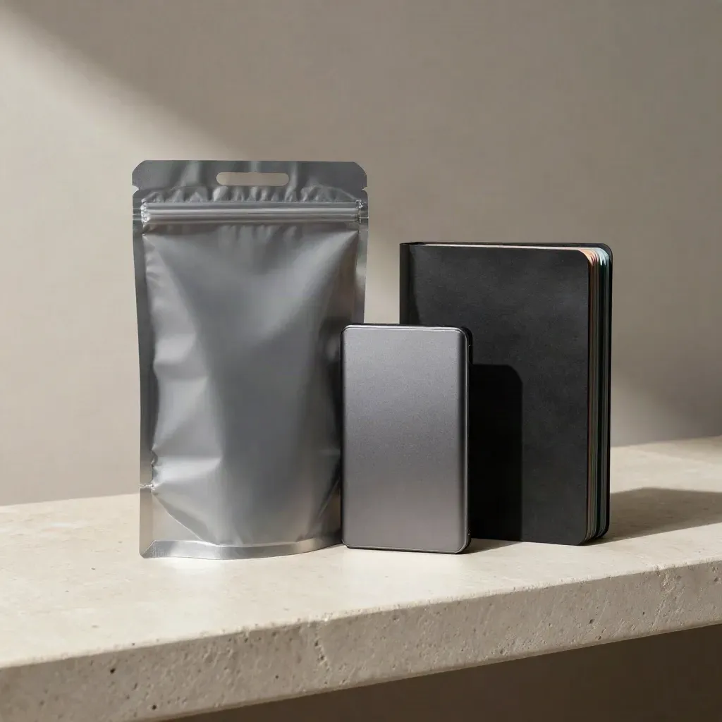 Archival pouch, SSD and presentation sleeve on a stone shelf under soft side light.