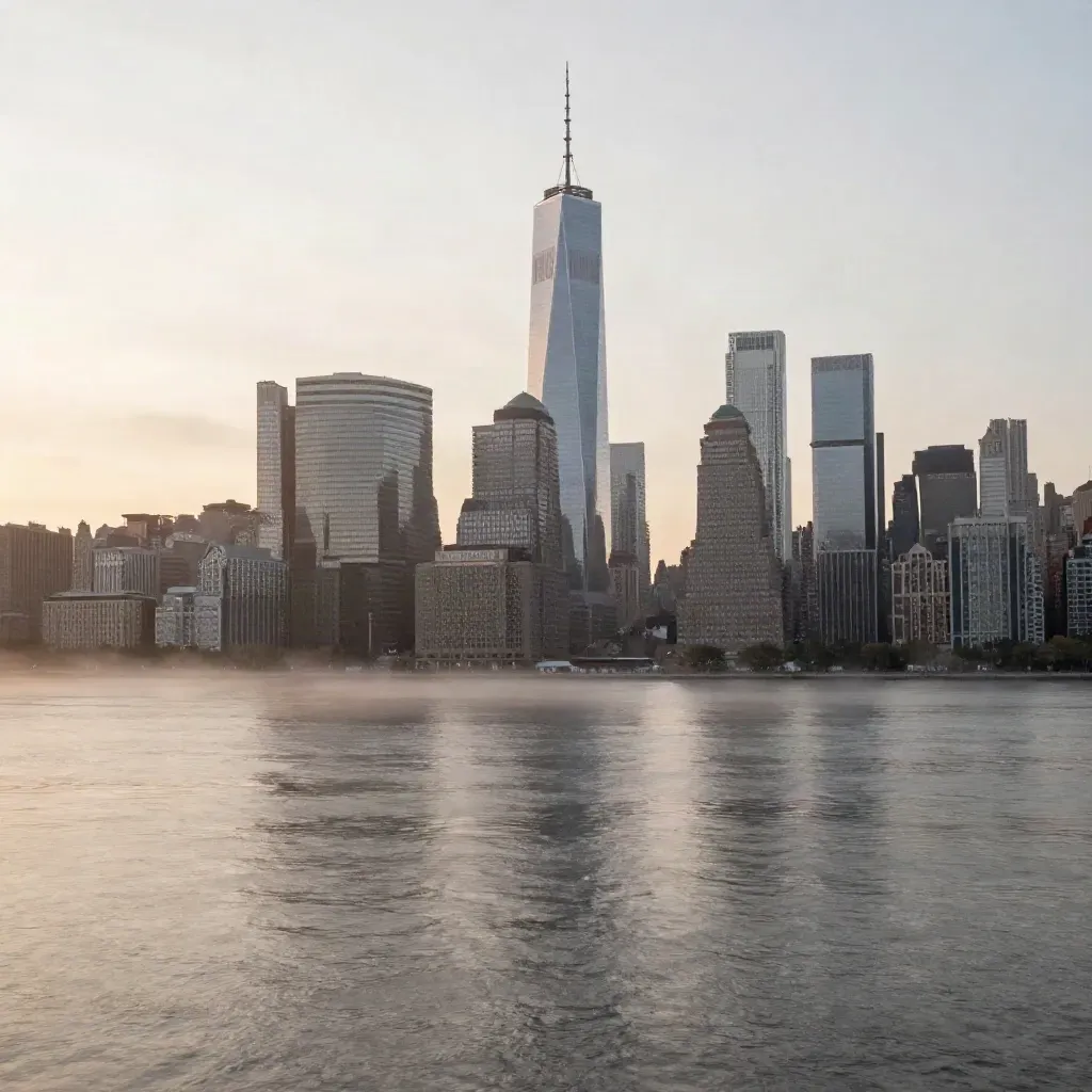 Lower Manhattan skyline above misty East River at dawn after rain