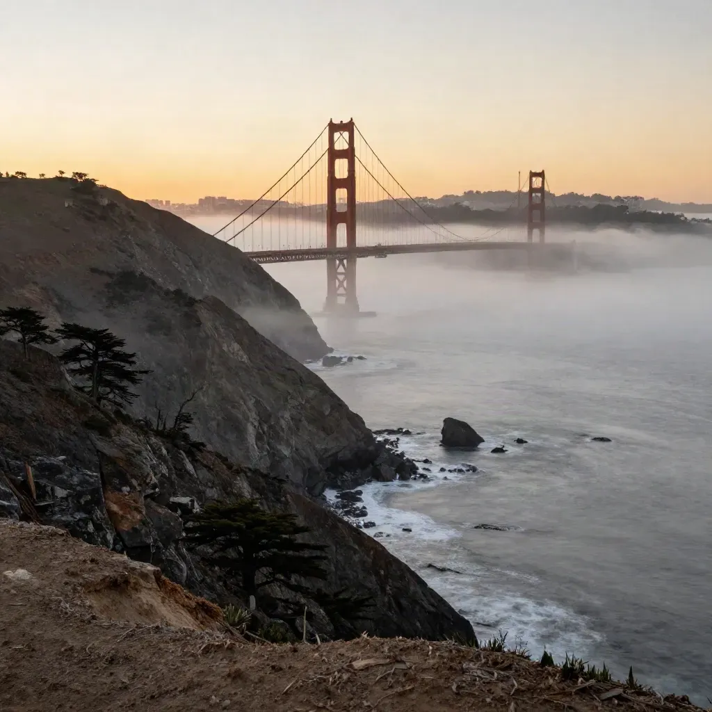 Foggy sunset view of the Golden Gate bridge approach from a coastal bluff.
