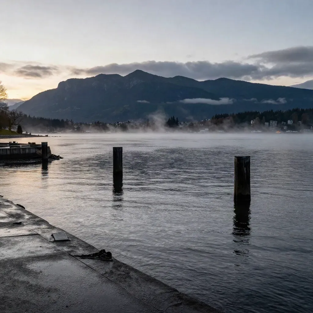 Vancouver Harbour and the Coast Mountains in blue-hour haze above a wet, calm shoreline.