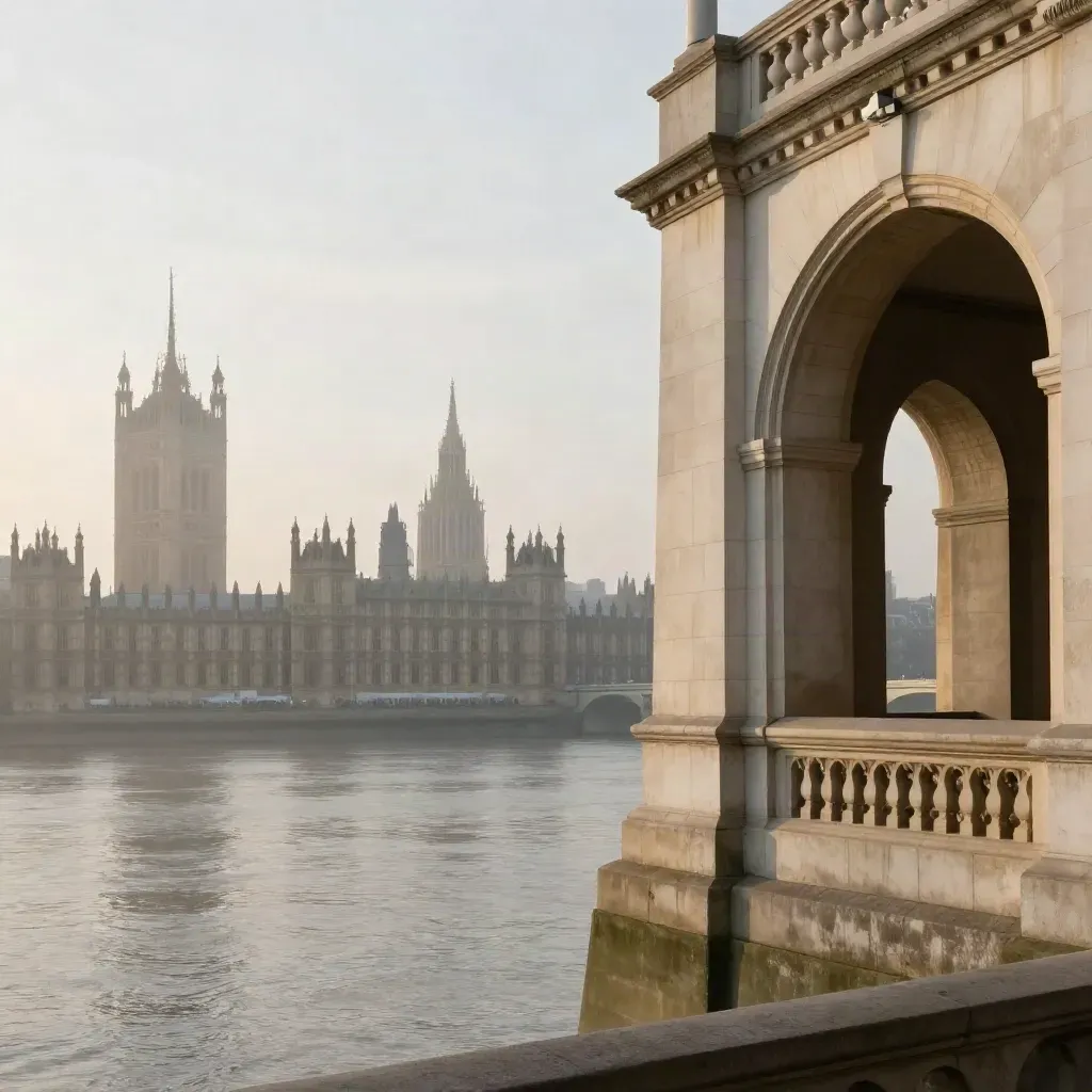 Westminster silhouette through a limestone arcade above calm Thames haze at dawn